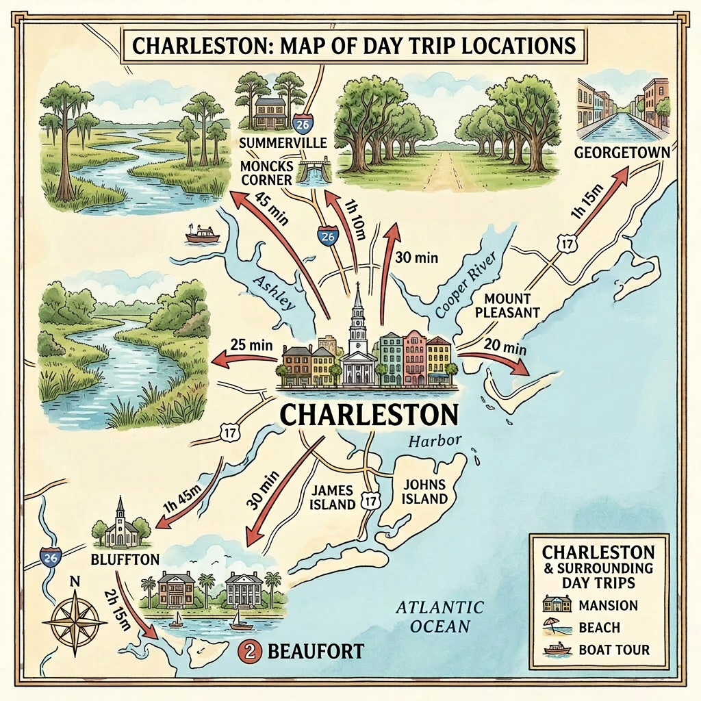 Map showing key day trip locations from Charleston with travel times and illustrations including Boone Hall Plantation, Sullivan's Island, Magnolia Plantation & Gardens, Folly Beach, and Cypress Gardens.