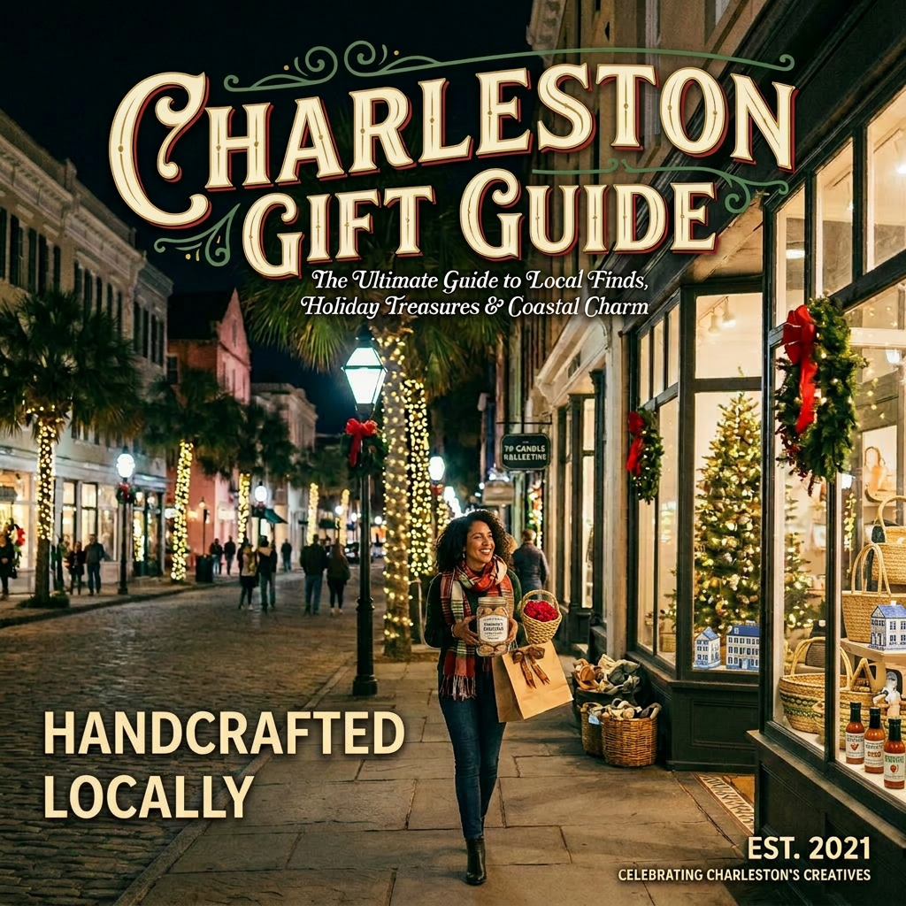Person carrying wrapped gifts and shopping bag on decorated street with holiday lights and wreaths
