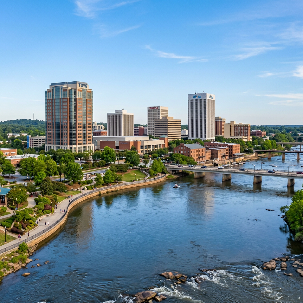 Downtown Chattanooga skyline with riverfront park, bridge, and Tennessee River flowing calmly